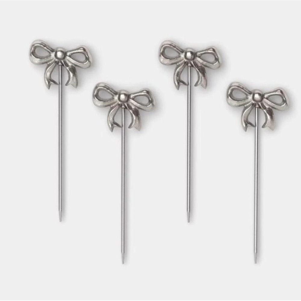 Threshold 4pc Bow Cocktail Picks Silver Metal Appetizer Garnish Set NEW